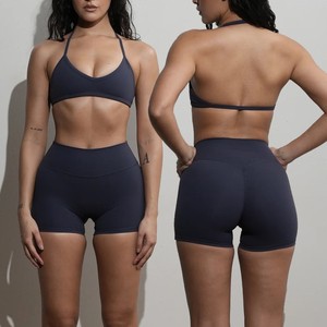 Custom Adjustable Halter Backless Bra Fitness Yoga Shorts No Scrunch Nylon Spandex Gym Workout Set for Women