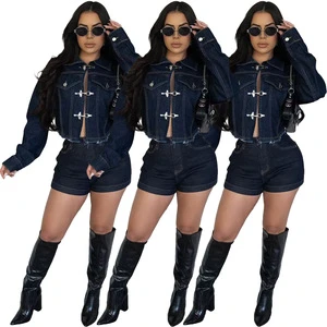 2026 New Arrivals Women Ladies Elegant Denim Jeans 2 Piece Jacket and Shorts Set Clothing Clothes Outfit for Women