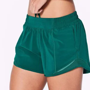Custom Women's Green Quick Dry Running Shorts Elastic Waist Drawstring Mesh Panel Sport Shorts With Zipper Pocket Manufacturer