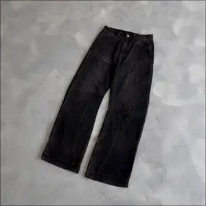 Men's Plus Size High Waist Wide Leg Black Denim Jeans Loose Fit Casual Streetwear Patch Pocket Design Midweight Cotton Pants