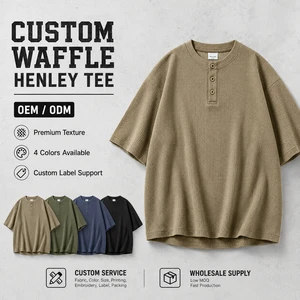 Waffle Shirt O-Neck Collar Short Sleeve Washed Distressed Vintage For Wholesale Men Textured Retro 100% Cotton Knitted Print