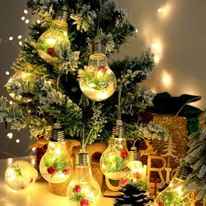 13.78FT Battery-Powered Indoor Christmas Lights 10 LED Bulbs with Pine Needles Snowflakes Berries String Light Snow Globe Style