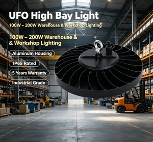 Circular UFO High Bay Light for Warehouse & Workshop 100w-200w Aluminum Body IP65 Rating 5 Year Warranty