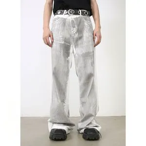 Niche Design White Baggy Stonewashed Jeans Loose-fit Straight-leg Denim Pants Men's American-style High-street Casual Trousers