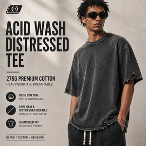 275G Vintage Washed Distressed T Shirt Men Oversized Cotton Raw Edge Streetwear Retro Casual Tee Top