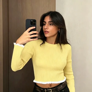 High Quality Yellow Ribbed Knit Casual Autumn Top for Daily Wear Office Outing Premium Ruffle Trim Long Sleeve Knitted Pullover