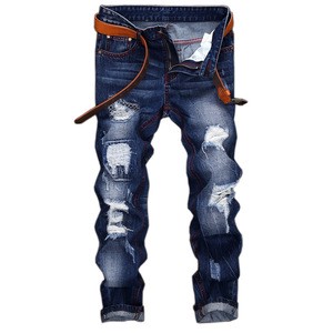 High Quality New Men's Long Jeans Pants Embroidered Straight Casual Style Mid Waist Breathable Denim Medium Wash Solid Pattern