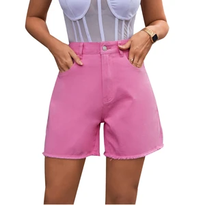 Women's High Waist Straight Solid Color Denim Shorts Candy Pink Casual Summer Style Regular Fit Frayed Hem Color Fade Proof