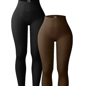 Seamless Threaded Spandex/Nylon Ribbed Elastic Waist Full Length High-Waisted Butt-Lifting Yoga Pants For Running Fitness