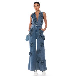 New Design Custom Sleeveless V Neck Adjustable Belt Denim Fabric Floral Denim Jumpsuit Overalls Wide Leg Pants for Ladies Women