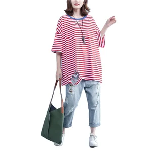 Wholesale Cotton Plus Size Women's 2020 Summer Loose Slim Casual Stripes Fashion Long Hole T-shirt