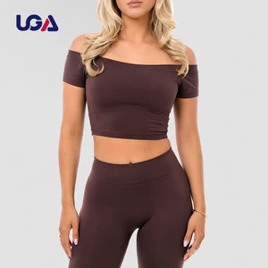 Quick Dry Gym Fitness Off Shoulder Strapless Workout Tops Short Sleeve Custom Logo Yoga Crop Top