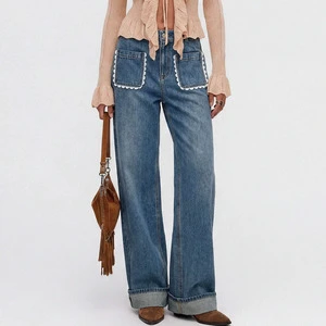 High-Waisted Women's Denim Jeans Straight Leg Casual Winter Breathable Loose Fit Street Style Slim Design Logo Waist Wholesale