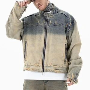 High Quality Clothing Manufacturer Heavyweight Vintage Jacket Men Distressed Zipper Casual Denim Jacket for Men