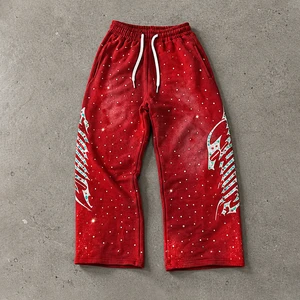 Custom Cotton Mens Track Pants Men Straight Leg Wide Stacked Jogger Acid Wash Sun Faded Flare Baggy Rhinestone Sweatpants