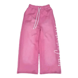 450 Gsm 100% Cotton French Terry Pants Sun Faded Acid Washed Puff Print Bottom Flared Drawstring Casual Pink Sweatpants