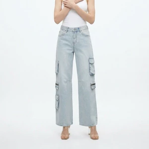 OEM/ODM Ice Blue Cargo Jeans Womens Multi Zipper Pockets Wide Leg Denim Pants Baggy Utility Trousers Factory Direct Wholesale
