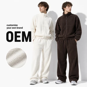 Custom Logo Men's Heavyweight Sherpa Fleece Tracksuit Set Chocolate Brown Oversized Zip Up Jacket And Pants Set OEM