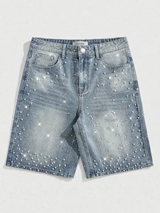 DiZNEW Mens Rhinestone Pearl Stud Denim Shorts Light Wash Mid Rise Rhinestone Denim Shorts Top Jeans Manufacturer