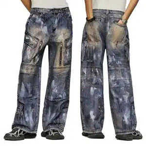 High Street Custom Men's Plus Size Jeans 3D Digital Printed Full Over Print Cargo Denim Pants with Loose Wide Leg Baggy Style