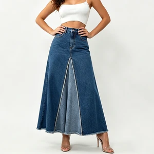 High Waist Maxi Denim Skirt For Women Vintage Long Jean Skirt With Front Split Distressed Raw Hem Slim Fit A-Line Skirt