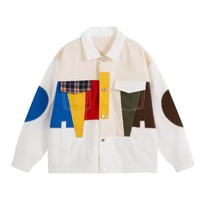 Casual Vintage Style Men's Denim Jacket Hip Hop Color Blocking Patchwork Pattern Button Front Cotton Washed for Autumn Boyfriend