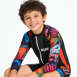 8-12Y Wholesale Eco Friendly Boys Two Piece Rash Guard Swimsuits Set With Swim Trunk Kids Long Sleeve Bathing Suit Swimwear Set