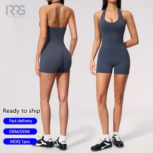 Roregal Women Gym Jumpsuit V Neck Halter Skinny Shorts Push Up Butt Lift Solid Color For Activewear Yoga Sports