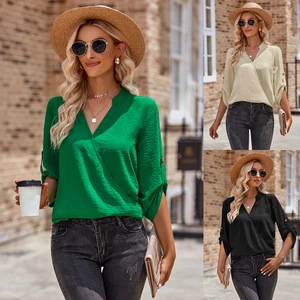 Top Trending Products 2024 Women Clothes Casual V-neck Long-sleeved Blouse Shirt Fashion Women's Blouses