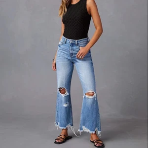 New Women's Denim Mid-Rise Flare Jeans Washed Ripped Long Casual Vintage Quick Dry
