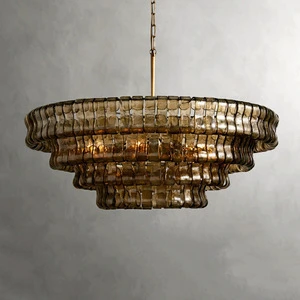 Retro Nordic Round Chandelier Smoked Glass Hanging Pendant Light for Living Room Hotel Lobby Lighting