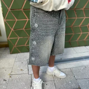 Custom Straight Dark Wash Breathable Summer Men's Street Wear Vintage Embroidery Woven Mid Waist All Over Jorts Denim Shorts