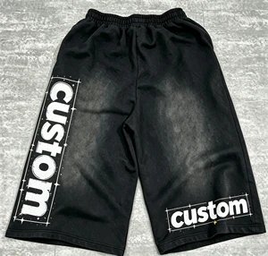 Men's Vintage Acid Wash Baggy Knee Length Sweat Shorts Gothic Loose Streetwear Jorts Elastic Waist Casual Sport Shorts Black