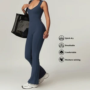 Custom One-piece Spandex Nylon Yoga Sportswear Bodysuits Gym Workout Sports Flare Jumpsuit for Women