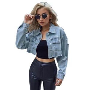 Hot Sale Fashion Brand Clothing Wear Denim Jacket Custom Designer Cut Edge Raw Hem Cropped Denim Jackets Women