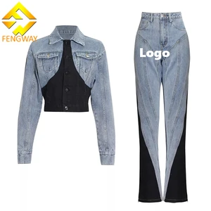 Fengway Custom Women Patchwork Washed Denim Two Piece Pants Set Denim Jacket 2 Piece Set High Waist Jeans Casual Suit Quick Dry