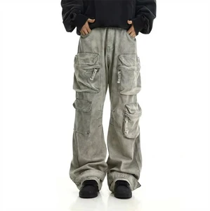 Plus Size Men's Denim Wide Leg Cargo Pant with Multiple Pockets