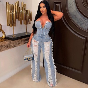 Tassel Tube Top Denim Jumpsuit Women 2023 Strapless Ripped Denim Jean One Piece Jumpsuits Women Denim Flare Pants Jumpsuits