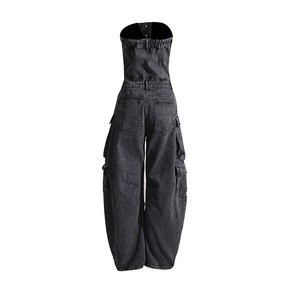 2024 New Fashion Street Style Tube Top Waist Shaping Show Hot Girl Multi-Pocket Denim Overalls Jumpsuit