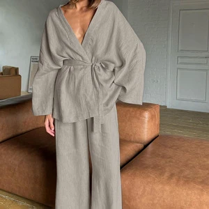 Spring New Lazy Style Fashionable Casual Suit V-neck Long Sleeved Lace up Top Loose Pants Two-piece Set