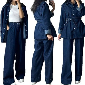 Womens Denim Shirt Jacket with Jeans Cloth Set Elegant Two-Piece Set Long-Sleeve Denim Jacket Suit Set