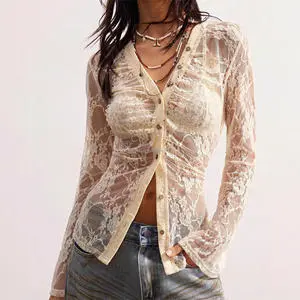 Summer Vintage Woven Floral Mesh Spandex Top See Through Textured Lace Long Sleeve Sexy Beach Cover up Shirt Women