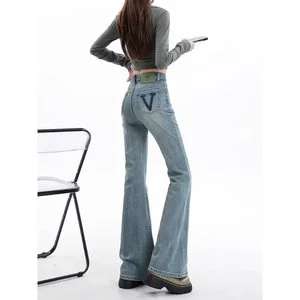 Distressed Vintage Factory Denim Jeans Women's Streetwear Mid Waist Regular Fit Full Length Flare Leg Casual Pants