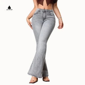 OEKO-TEX ISO3758 REACH Denim Pants Manufacturer Custom Femme Light Gray Women's Flare Jeans Elastic Skinny Jeans for Women