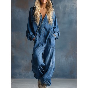 Custom Women's Denim Jumpsuit Casual Loose Fit Hooded Blue Long Sleeve Plus Size One Piece High Waist Washed Overalls