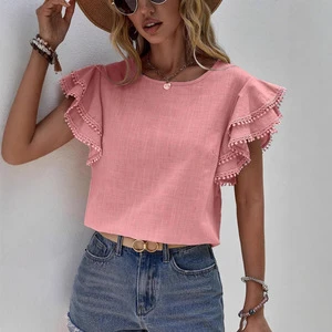 Solid Polyester Casual Loose Office Breathable Women's Summer Vintage Elegant Youth Blouses Oversized Sweet Style Lotus Leaf