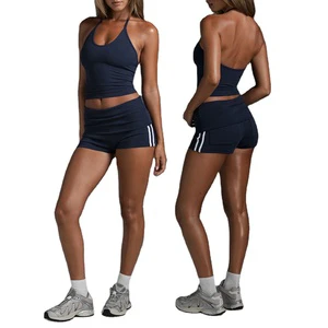 Women's Plus Size Fashion 2-Piece Two Tone Yoga Halter Tank Top Fold Waist Shorts Set Breathable Quick Dry Four-Way Stretch