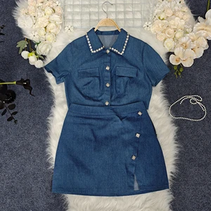 2025 Vintage Women's Denim Casual Suit Solid Pattern Loose Pocket Short Sleeve Shirt Shorts Above Knee Length Washed Techniques