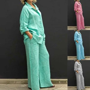 Fashion Fall Women's Solid Button Two Piece Shirt Pants Sets Casual Plus Size Matching Suits