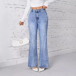Custom Strike Pearls Washed High Quality Elastic Wide Leg Skinny Slim Fit Flared High Waist Women's Jeans
